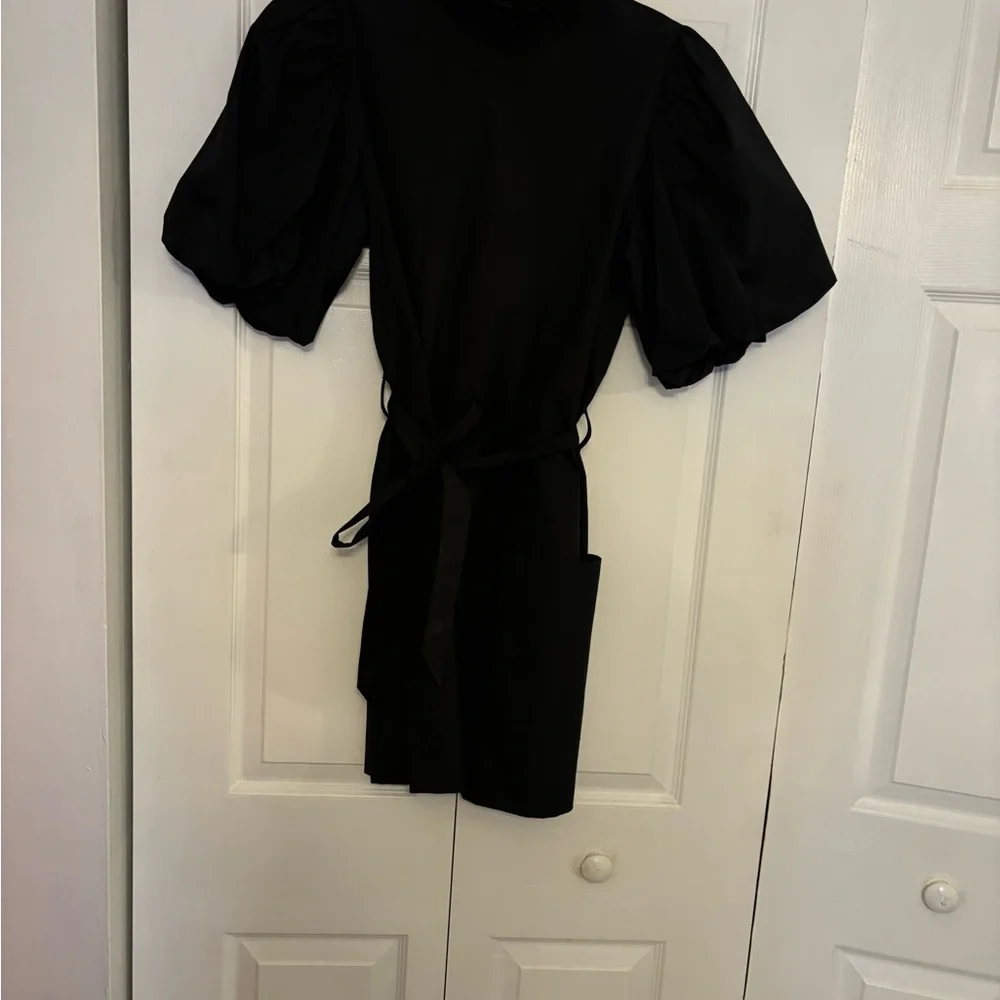 Frame Margot Mock Neck Balloon Sleeves Belted Black Mini Dress With Pockets NWOT - Picture 3 of 15